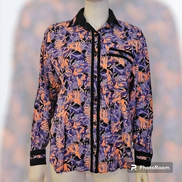 VTG BANJO Lavendar Neon Grafitti Button Down Long Sleeve Rodeo Fiesta Shirt - Picture 1 of 8